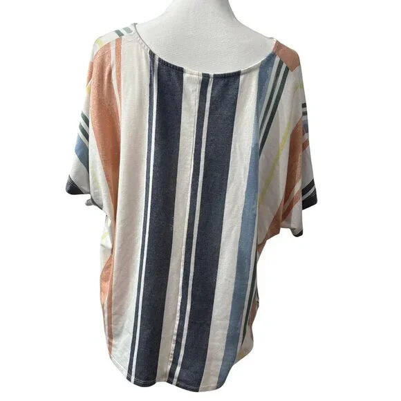 Casual Chic Multicolor Striped Short Sleeve Y2K Button Front Tie Hem Blouse 2X - Picture 3 of 10